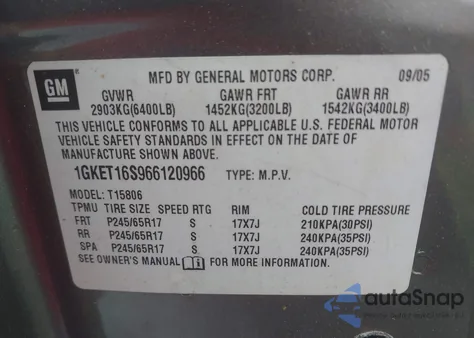 2006 GMC Envoy Xl Slt from USA, damaged, VIN 1GKET16S966120966